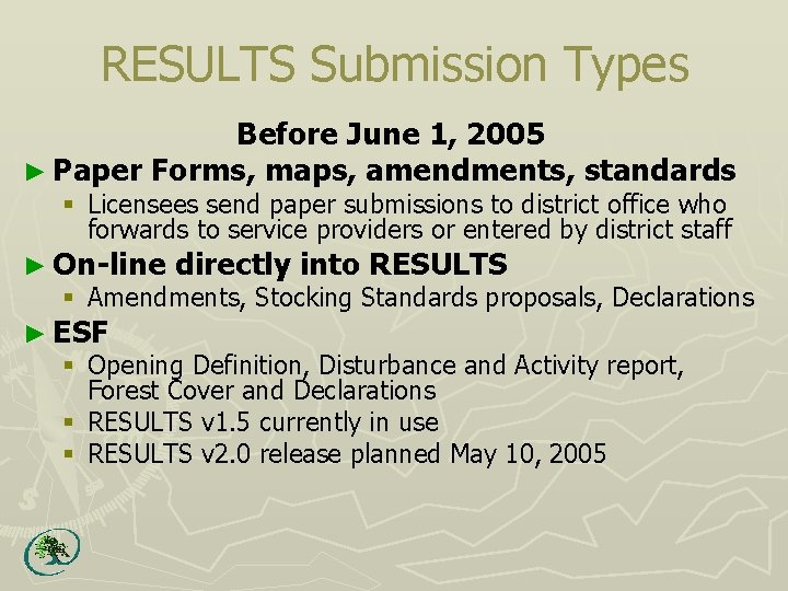 RESULTS Submission Types Before June 1, 2005 ► Paper Forms, maps, amendments, standards §
