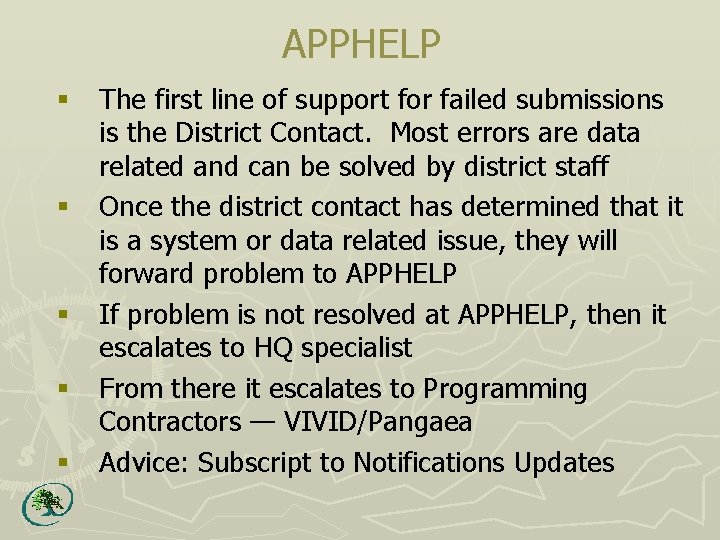 APPHELP § § § The first line of support for failed submissions is the