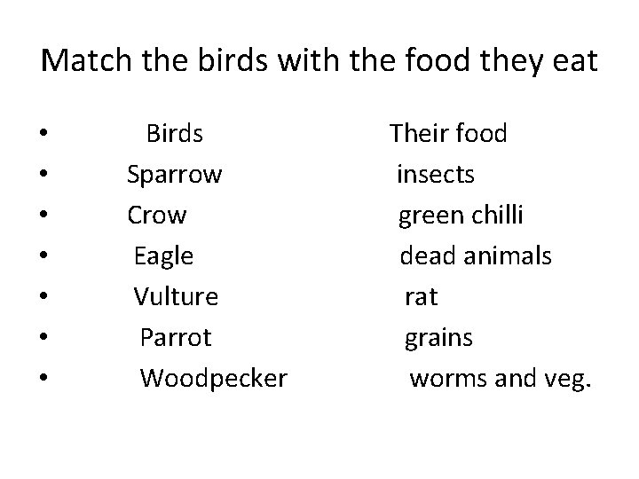 Match the birds with the food they eat • • Birds Sparrow Crow Eagle