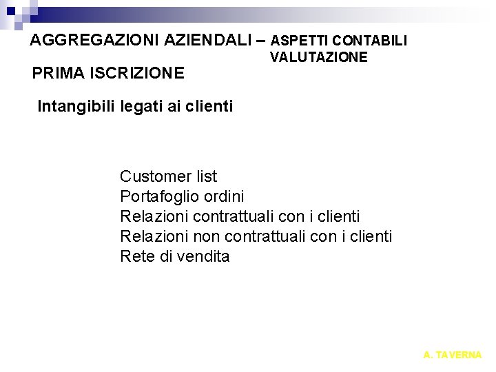 AGGREGAZIONI AZIENDALI – ASPETTI CONTABILI PRIMA ISCRIZIONE VALUTAZIONE Intangibili legati ai clienti Customer list