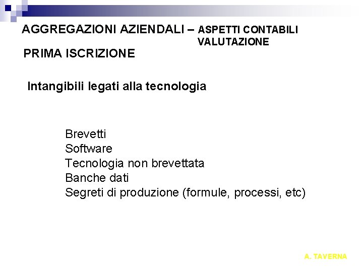 AGGREGAZIONI AZIENDALI – ASPETTI CONTABILI PRIMA ISCRIZIONE VALUTAZIONE Intangibili legati alla tecnologia Brevetti Software