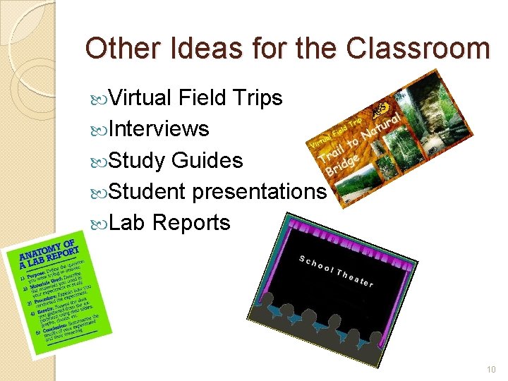 Other Ideas for the Classroom Virtual Field Trips Interviews Study Guides Student presentations Lab
