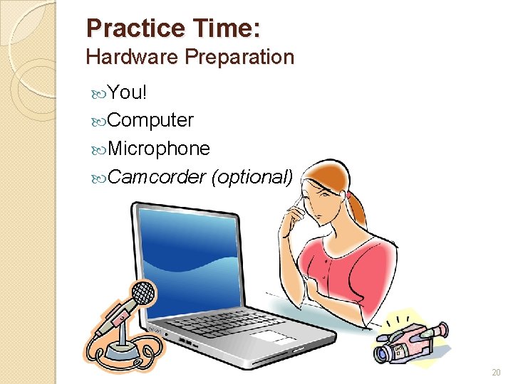 Practice Time: Hardware Preparation You! Computer Microphone Camcorder (optional) 20 