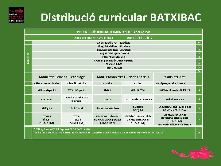 Distribució curricular BATXIBAC INSTITUT LLUÍS DOMÈNECH I MONTANER – Canet de Mar CURRÍCULUM DE