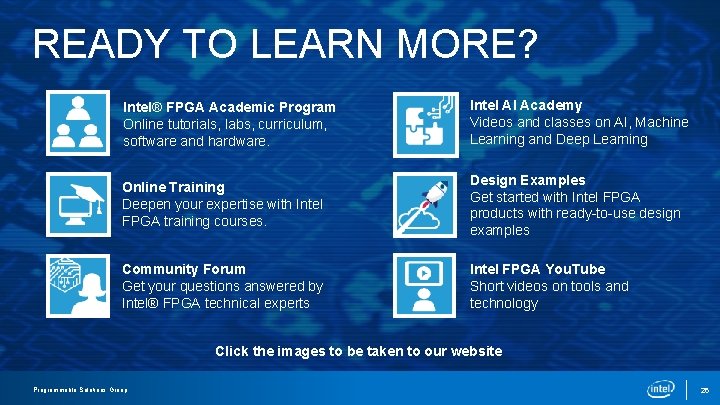 READY TO LEARN MORE? Intel® FPGA Academic Program Online tutorials, labs, curriculum, software and READY TO LEARN MORE? Intel® FPGA Academic Program Online tutorials, labs, curriculum, software and