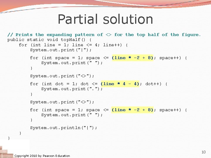 Partial solution // Prints the expanding pattern of <> for the top half of