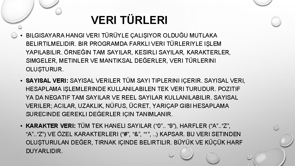 VERI TÜRLERI • BILGISAYARA HANGI VERI TÜRÜYLE ÇALIŞIYOR OLDUĞU MUTLAKA BELIRTILMELIDIR. BIR PROGRAMDA FARKLI