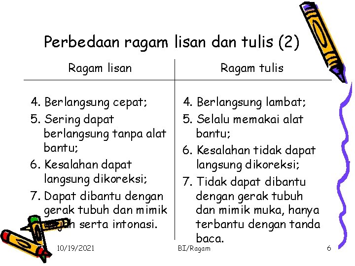 Perbedaan ragam lisan dan tulis (2) Ragam lisan Ragam tulis 4. Berlangsung cepat; 5.