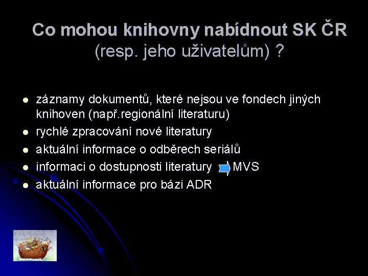 Co mohou knihovny nabídnout SK ČR (resp. jeho uživatelům) ? l l l záznamy