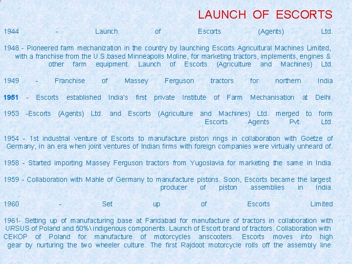 LAUNCH OF ESCORTS 1944 - Launch of Escorts (Agents) Ltd. 1948 - Pioneered farm