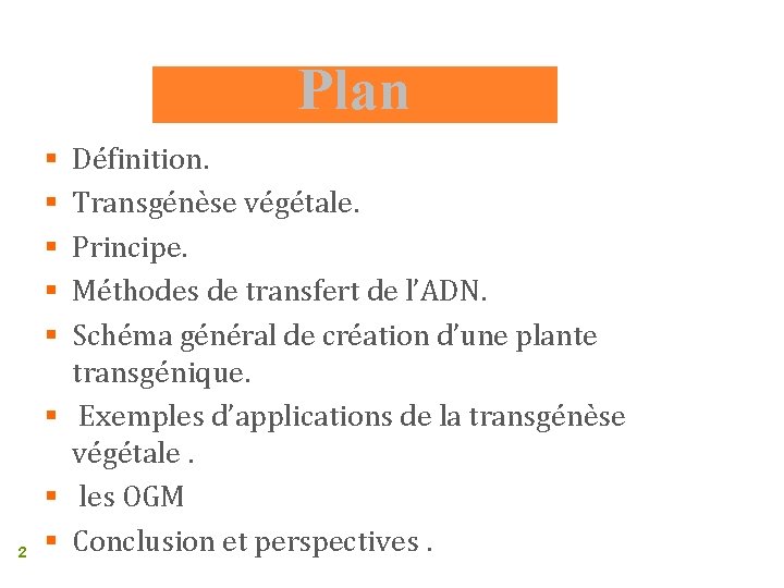 Plan § Définition. § Transgénèse végétale. § Principe. § Méthodes de transfert de l’ADN.