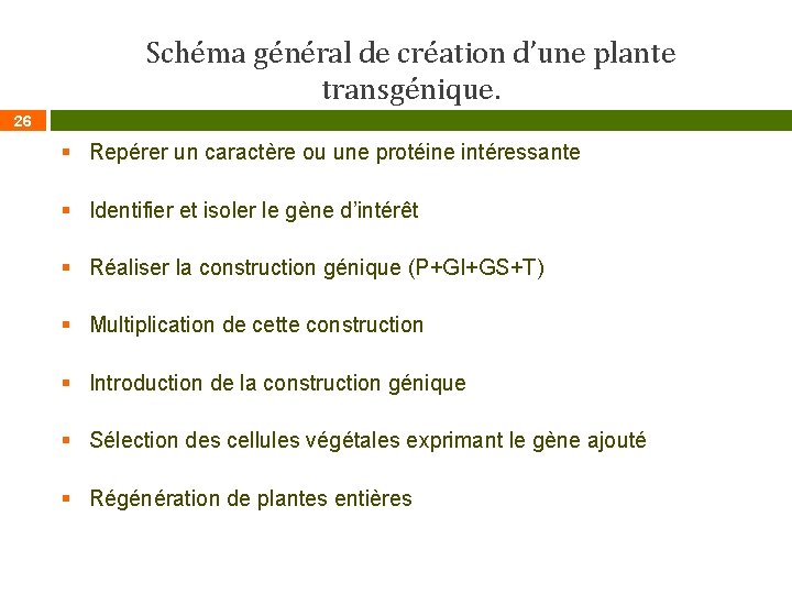 Schéma général de création d’une plante transgénique. 26 § Repérer un caractère ou une