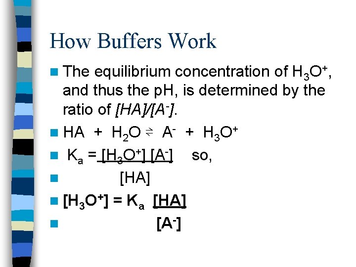 How Buffers Work n The equilibrium concentration of H 3 O+, and thus the