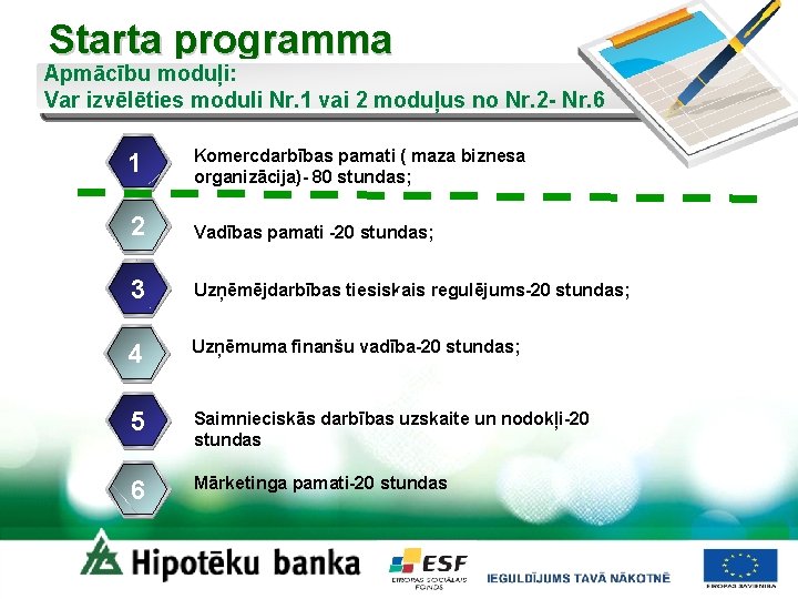 Starta programma Apmācību moduļi: Var izvēlēties moduli Nr. 1 vai 2 moduļus no Nr.