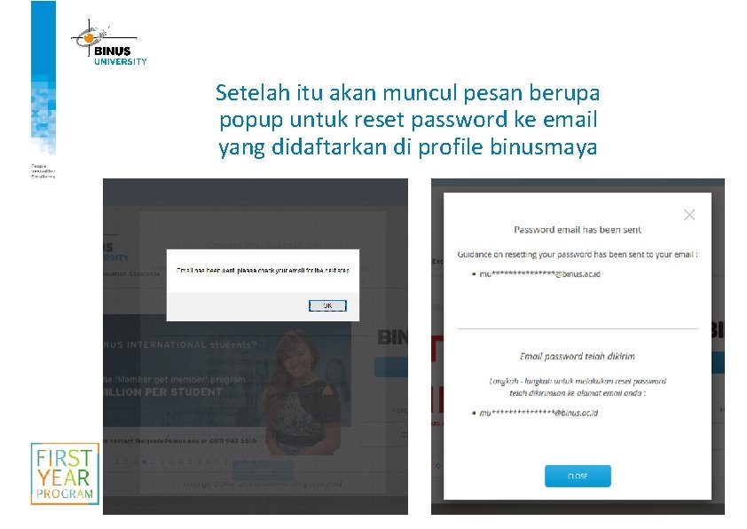 Setelah itu akan muncul pesan berupa popup untuk reset password ke email yang didaftarkan