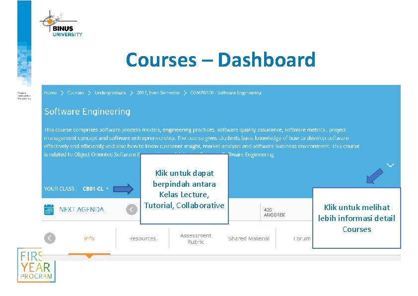 Courses – Dashboard Klik untuk dapat berpindah antara Kelas Lecture, Tutorial, Collaborative Klik untuk