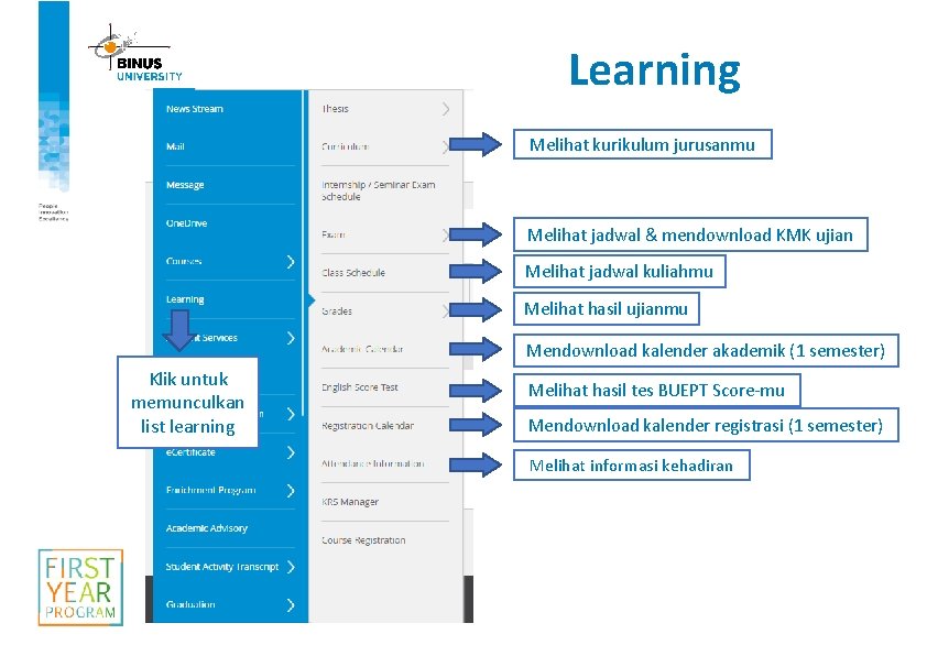 Learning Melihat kurikulum jurusanmu Melihat jadwal & mendownload KMK ujian Melihat jadwal kuliahmu Melihat