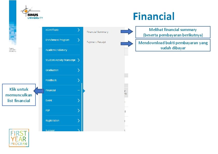 Financial Melihat financial summary (beserta pembayaran berikutnya) Mendownload bukti pembayaran yang sudah dibayar Klik