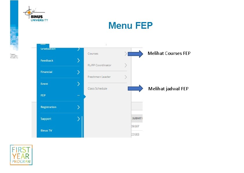 Menu FEP Melihat Courses FEP Melihat jadwal FEP 