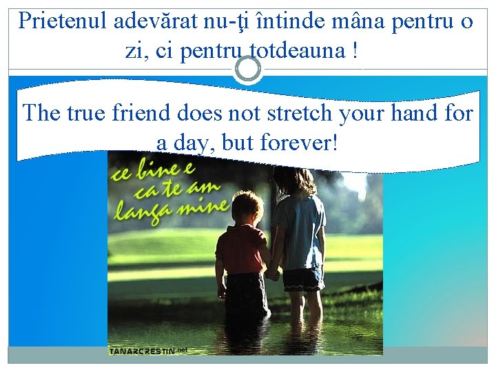 Prietenul adevărat nu-ţi întinde mâna pentru o zi, ci pentru totdeauna ! The true