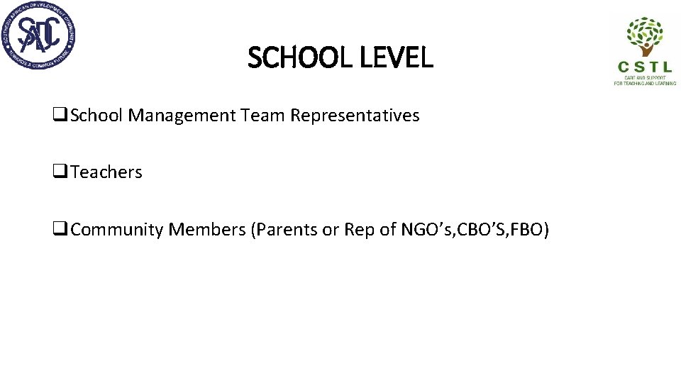 SCHOOL LEVEL q. School Management Team Representatives q. Teachers q. Community Members (Parents or