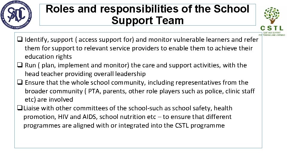Roles and responsibilities of the School Support Team q Identify, support ( access support