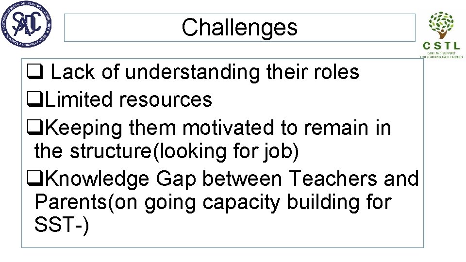 Challenges q Lack of understanding their roles q. Limited resources q. Keeping them motivated