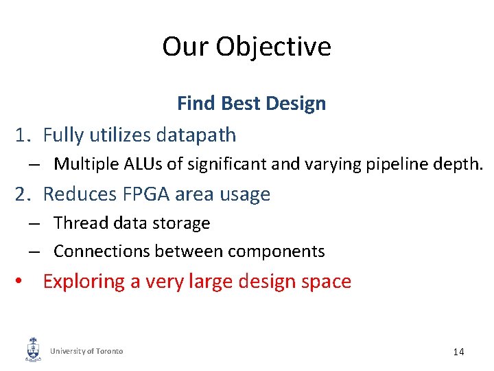Our Objective Find Best Design 1. Fully utilizes datapath – Multiple ALUs of significant