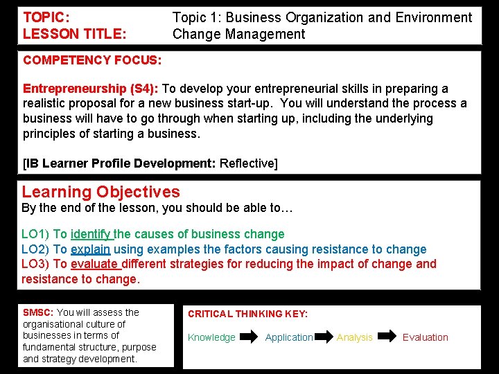TOPIC: LESSON TITLE: Topic 1: Business Organization and Environment Change Management COMPETENCY FOCUS: Entrepreneurship TOPIC: LESSON TITLE: Topic 1: Business Organization and Environment Change Management COMPETENCY FOCUS: Entrepreneurship