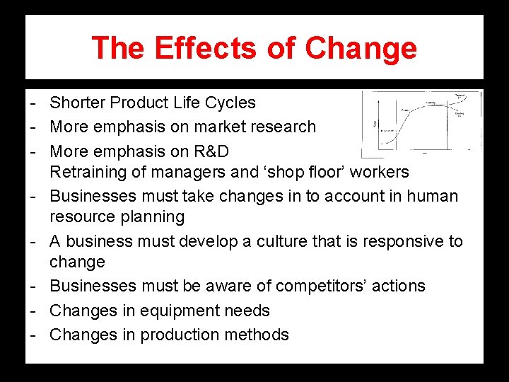 The Effects of Change - Shorter Product Life Cycles - More emphasis on market The Effects of Change - Shorter Product Life Cycles - More emphasis on market