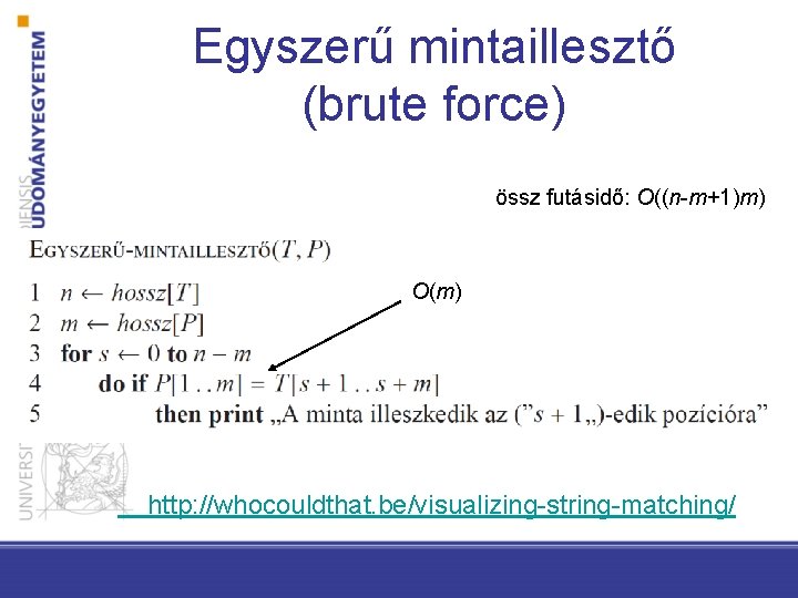 Egyszerű mintaillesztő (brute force) össz futásidő: O((n-m+1)m) O(m) http: //whocouldthat. be/visualizing-string-matching/ 