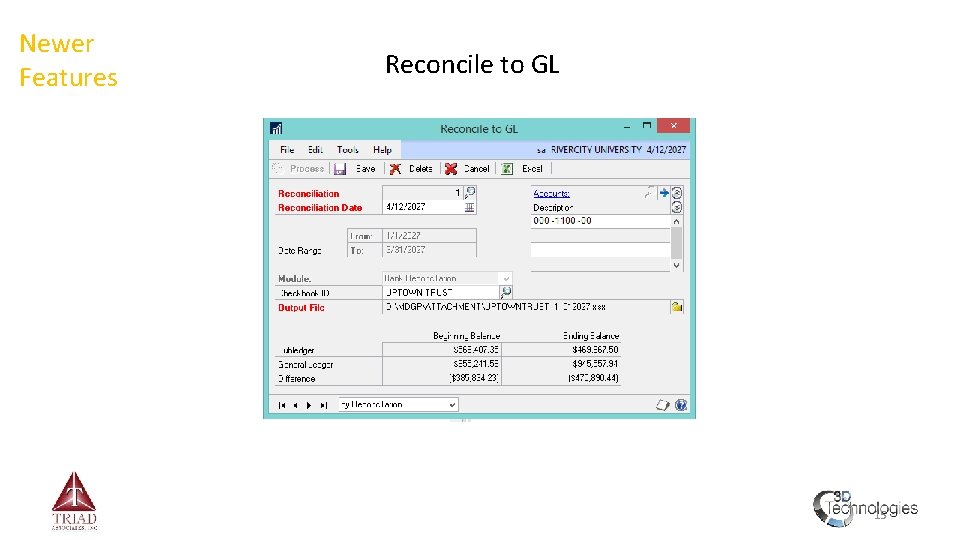 Newer Features Reconcile to GL 15 