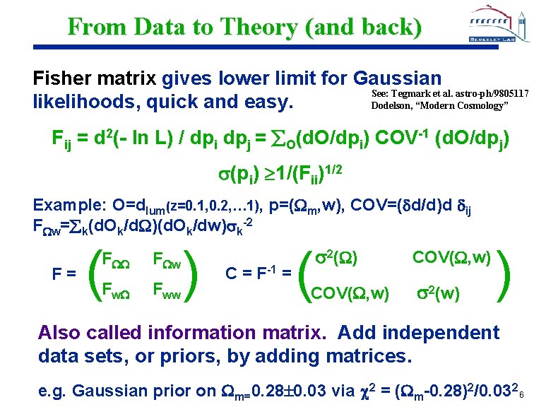 From Data to Theory (and back) Fisher matrix gives lower limit for Gaussian See: