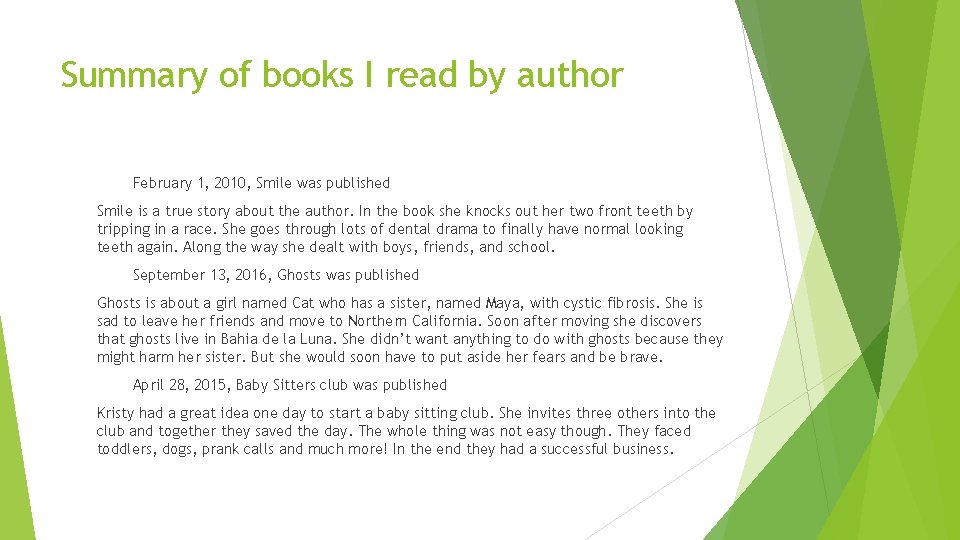 Summary of books I read by author February 1, 2010, Smile was published Smile