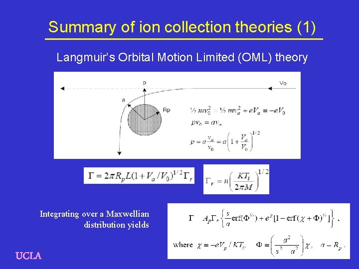 Summary of ion collection theories (1) Langmuir’s Orbital Motion Limited (OML) theory Integrating over