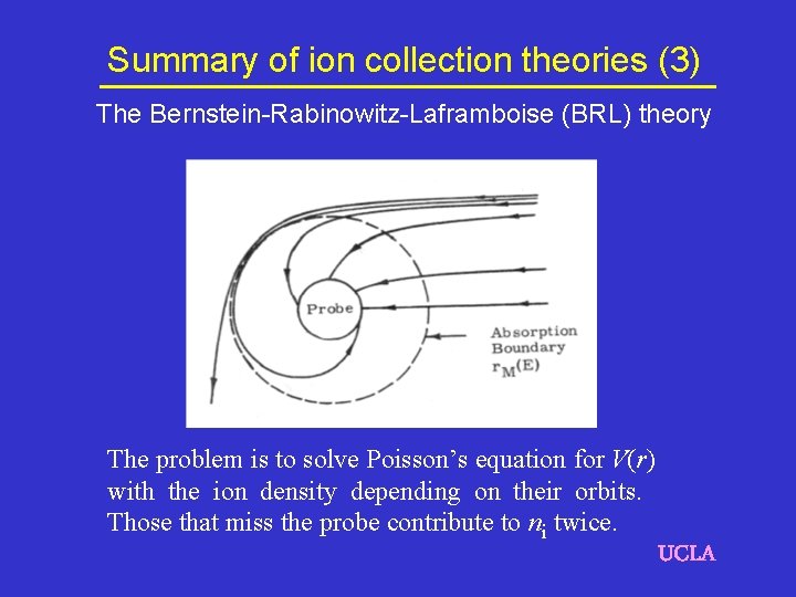 Summary of ion collection theories (3) The Bernstein-Rabinowitz-Laframboise (BRL) theory The problem is to