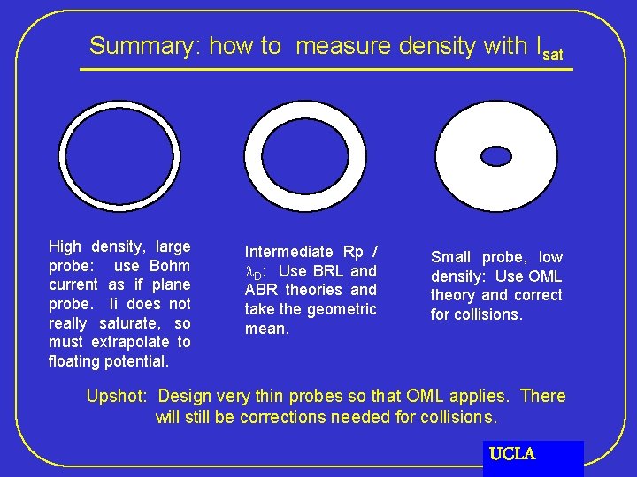 Summary: how to measure density with Isat High density, large probe: use Bohm current