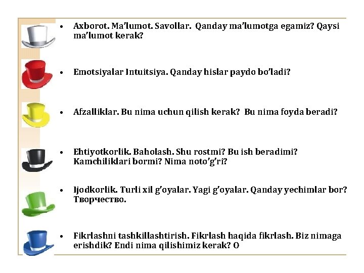  • Axborot. Ma’lumot. Savollar. Qanday ma’lumotga egamiz? Qaysi ma’lumot kerak? • Emotsiyalar Intuitsiya.