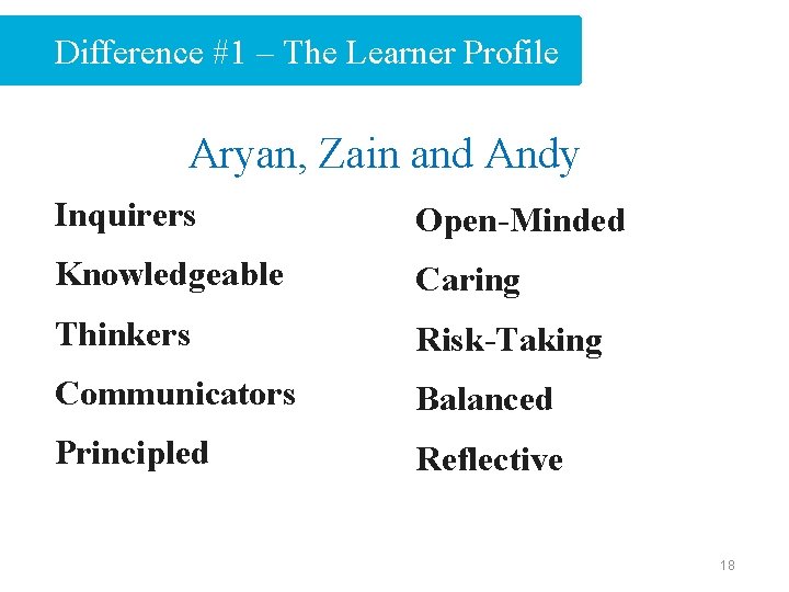 Difference #1 – The Learner Profile Aryan, Zain and Andy Inquirers Open-Minded Knowledgeable Caring
