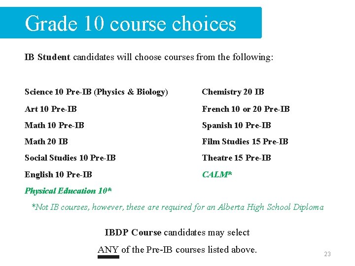Grade 10 course choices IB Student candidates will choose courses from the following: Science
