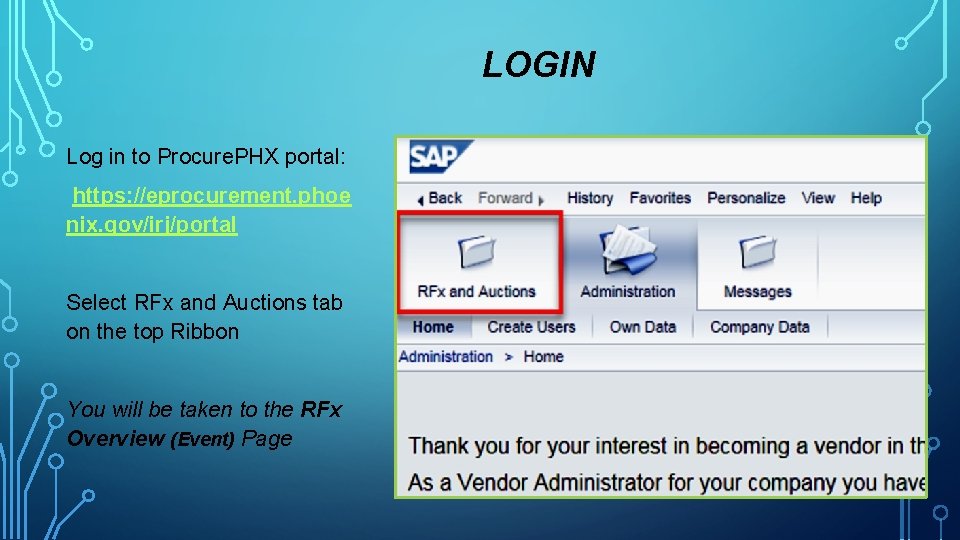 LOGIN Log in to Procure. PHX portal: https: //eprocurement. phoe nix. gov/irj/portal Select RFx