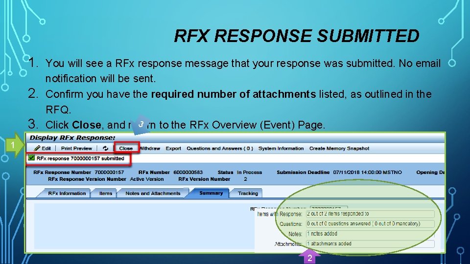 RFX RESPONSE SUBMITTED 1. 2. 3. You will see a RFx response message that