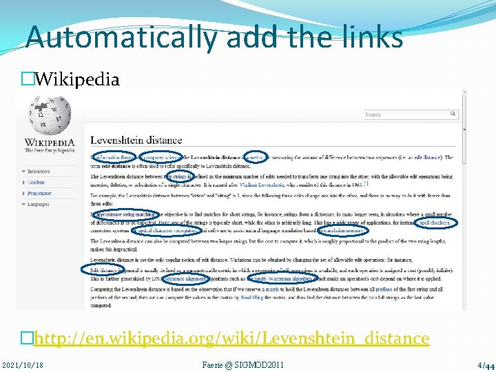 Automatically add the links �Wikipedia �http: //en. wikipedia. org/wiki/Levenshtein_distance 2021/10/18 Faerie @ SIGMOD 2011