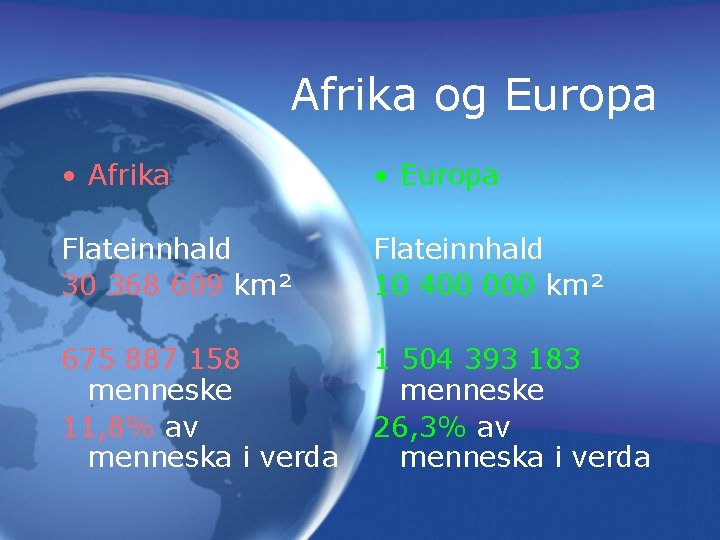 Afrika og Europa • Afrika • Europa Flateinnhald 30 368 609 km² Flateinnhald 10