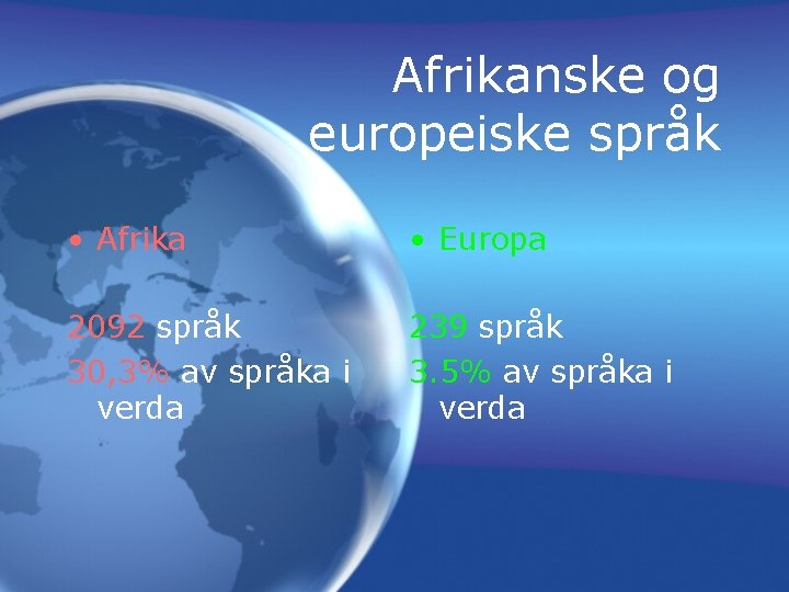 Afrikanske og europeiske språk • Afrika • Europa 2092 språk 30, 3% av språka