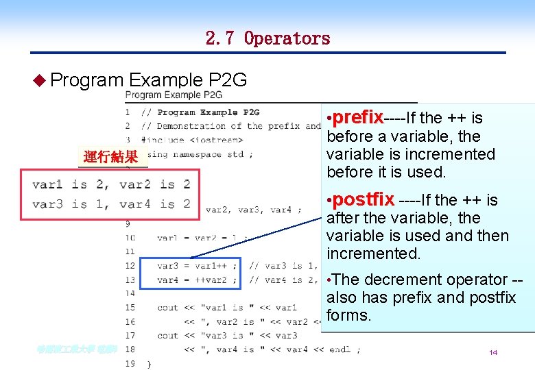 2. 7 Operators u Program Example P 2 G 運行結果 • prefix----If the ++ 2. 7 Operators u Program Example P 2 G 運行結果 • prefix----If the ++
