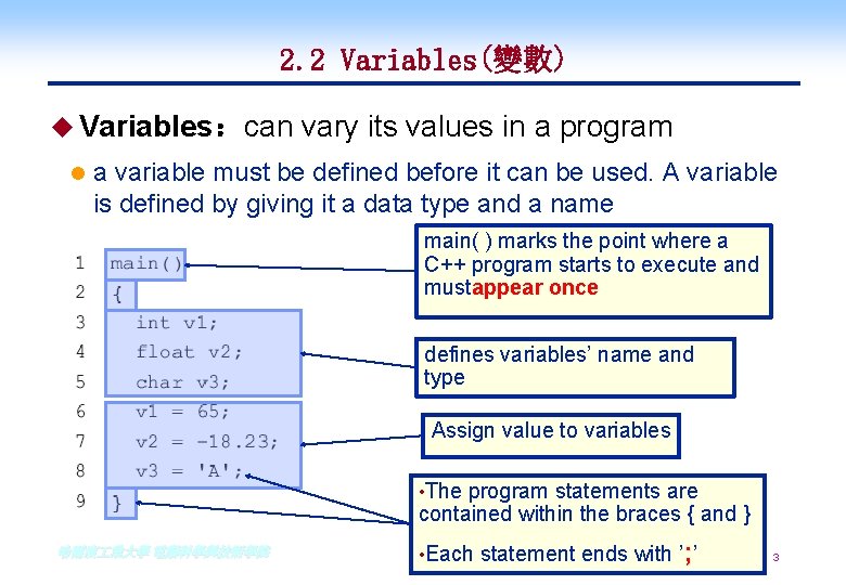 2. 2 Variables(變數) u Variables:can l vary its values in a program a variable 2. 2 Variables(變數) u Variables:can l vary its values in a program a variable