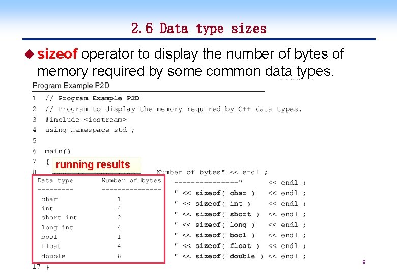 2. 6 Data type sizes u sizeof operator to display the number of bytes 2. 6 Data type sizes u sizeof operator to display the number of bytes