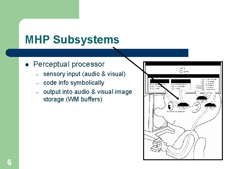 MHP Subsystems l Perceptual processor – – – 6 sensory input (audio & visual)