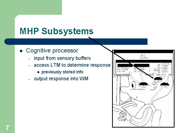 MHP Subsystems l Cognitive processor – – input from sensory buffers access LTM to